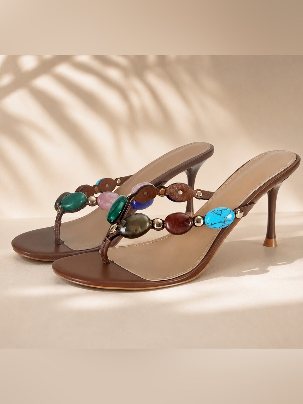 Brown Beaded Thong Heel Sandals - Multi Gem Accents